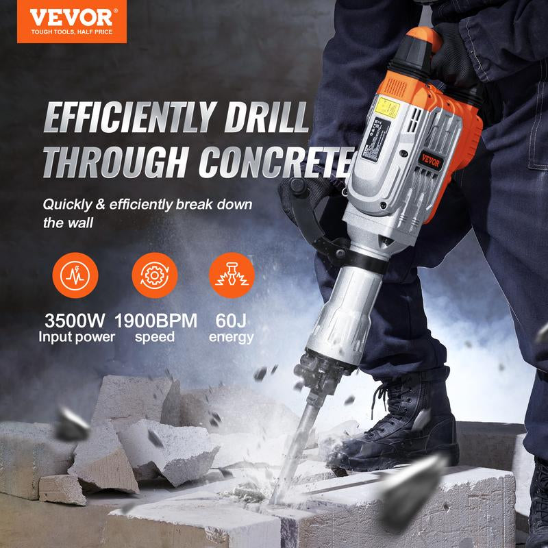 VEVOR Demolition Jack Hammer, 3500W Jack Hammer Concrete Breaker, 1900 BPM Heavy Duty Electric Jack Hammer, 2Pcs Chisel with Gloves & 360°C Swiveling Front Handle for Trenching and Breaking Holes