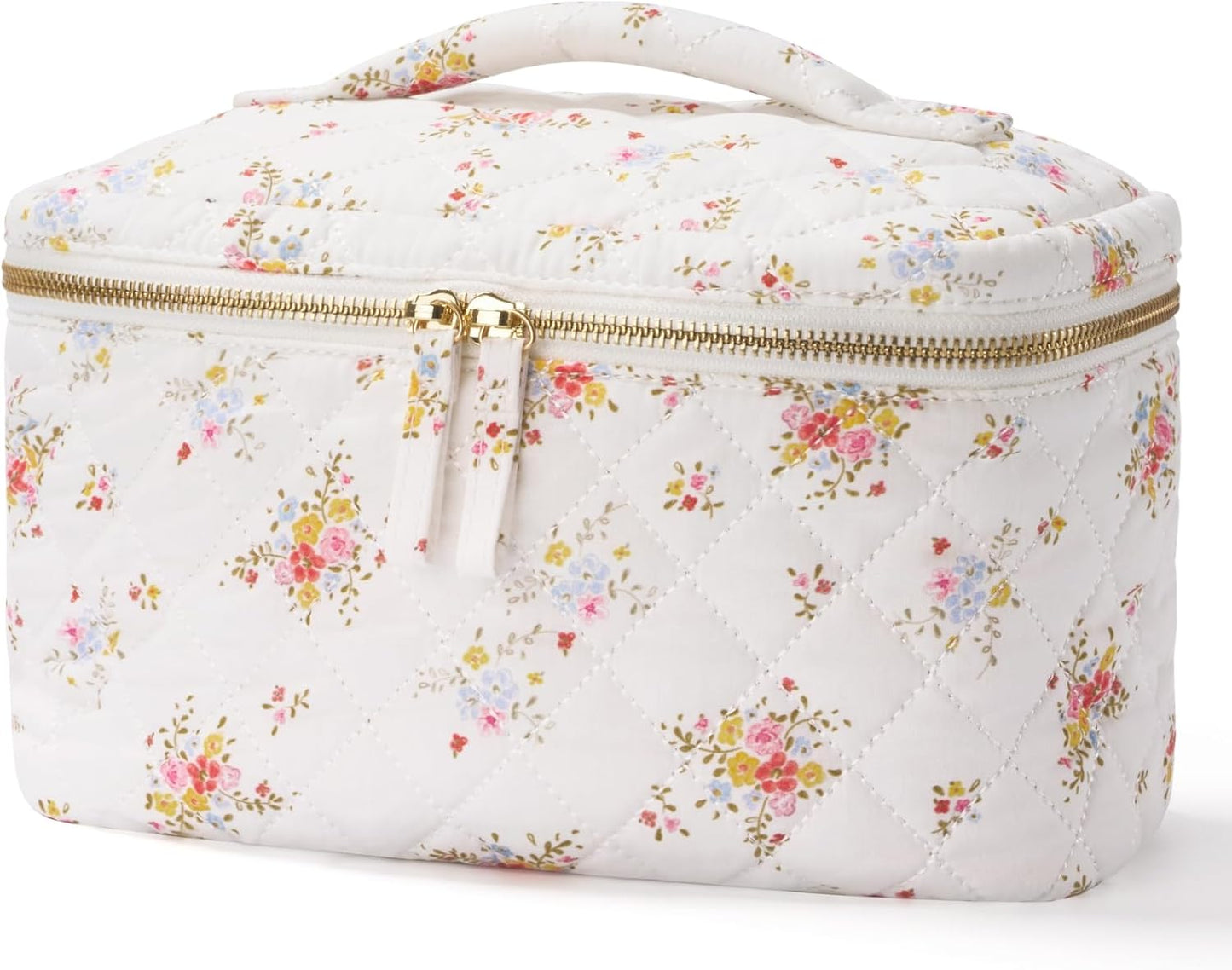 Medium Floral Cotton Quilted Makeup Bag - Aesthetic Travel Cosmetic Pouch for Women