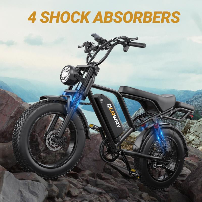 Qlaway 、Aovowheel 1500W Electric Off-Road Bike: 20-Inch Full-Suspension E-Motorcycle with 48V 15.6Ah Removable Battery, 31MPH Top Speed, 40-55 Mile Range, 2-Seater, LED Headlights & 20" All Terrain Fat Tire UL 2849