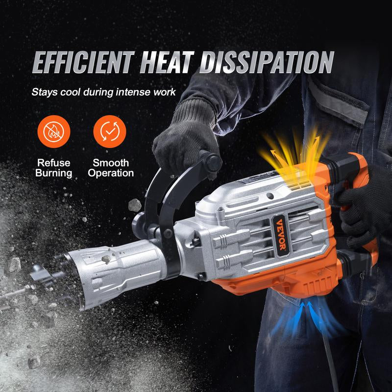 VEVOR Demolition Jack Hammer, 3500W Jack Hammer Concrete Breaker, 1900 BPM Heavy Duty Electric Jack Hammer, 2Pcs Chisel with Gloves & 360°C Swiveling Front Handle for Trenching and Breaking Holes