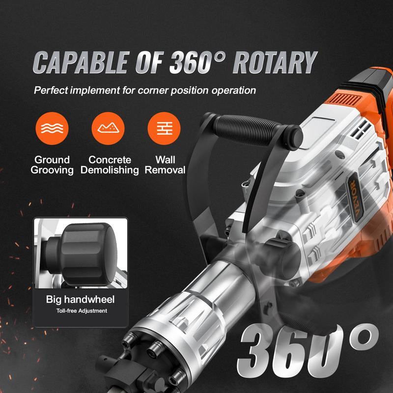 VEVOR Demolition Jack Hammer, 3500W Jack Hammer Concrete Breaker, 1900 BPM Heavy Duty Electric Jack Hammer, 2Pcs Chisel with Gloves & 360°C Swiveling Front Handle for Trenching and Breaking Holes