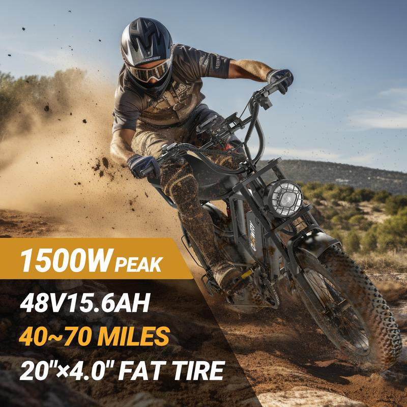 Qlaway 、Aovowheel 1500W Electric Off-Road Bike: 20-Inch Full-Suspension E-Motorcycle with 48V 15.6Ah Removable Battery, 31MPH Top Speed, 40-55 Mile Range, 2-Seater, LED Headlights & 20" All Terrain Fat Tire UL 2849