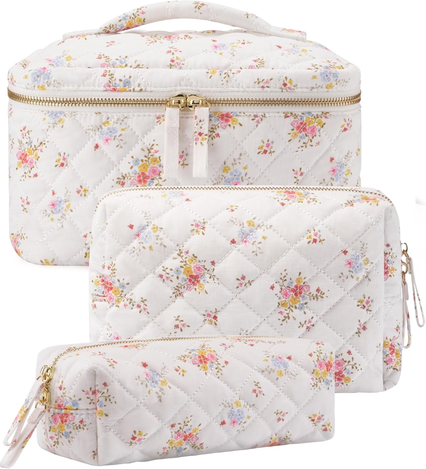 Medium Floral Cotton Quilted Makeup Bag - Aesthetic Travel Cosmetic Pouch for Women