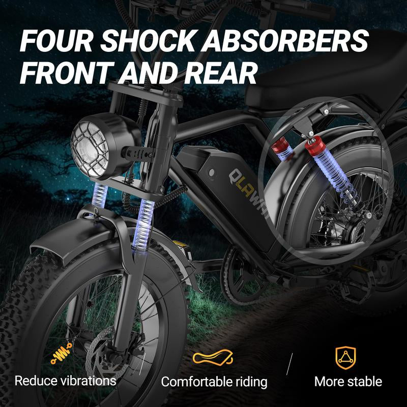 Qlaway 、Aovowheel 1500W Electric Off-Road Bike: 20-Inch Full-Suspension E-Motorcycle with 48V 15.6Ah Removable Battery, 31MPH Top Speed, 40-55 Mile Range, 2-Seater, LED Headlights & 20" All Terrain Fat Tire UL 2849