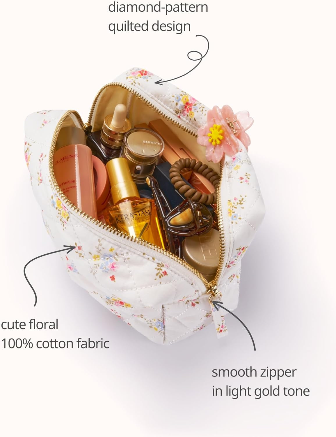 Medium Floral Cotton Quilted Makeup Bag - Aesthetic Travel Cosmetic Pouch for Women