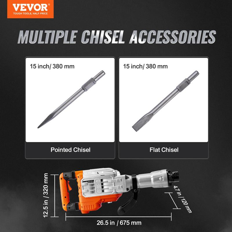 VEVOR Demolition Jack Hammer, 3500W Jack Hammer Concrete Breaker, 1900 BPM Heavy Duty Electric Jack Hammer, 2Pcs Chisel with Gloves & 360°C Swiveling Front Handle for Trenching and Breaking Holes