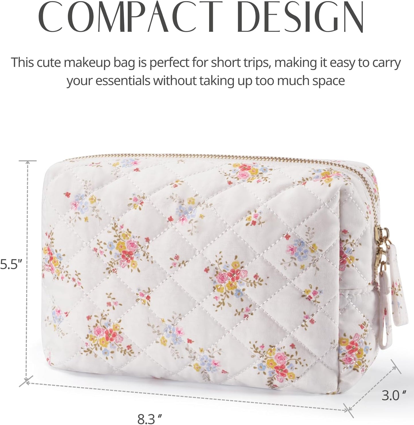 Medium Floral Cotton Quilted Makeup Bag - Aesthetic Travel Cosmetic Pouch for Women