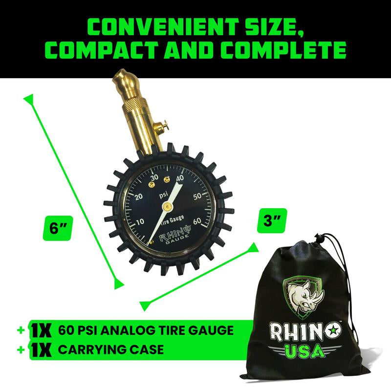 Rhino USA Heavy Duty Tire Pressure Gauge (0-60 PSI) Certified ANSI B40.1 Accurate, Large 2" Easy Read Glow Dial, 360 Swivel Head, Solid Brass Hardware
