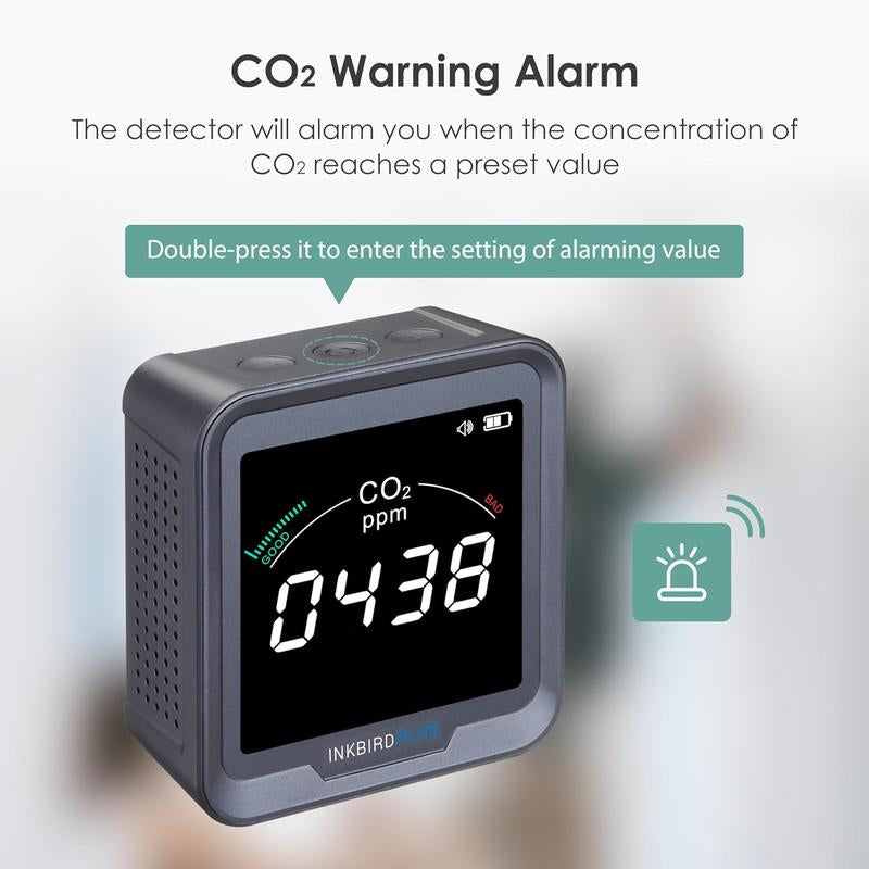 INKBIRDPLUS Indoor Air Quality Monitor, Detects CO2, PM2.5, PM10, AQI, Temperature and Humidity with Alarm, for Rooms, Cellars, Grow Tents, Etc