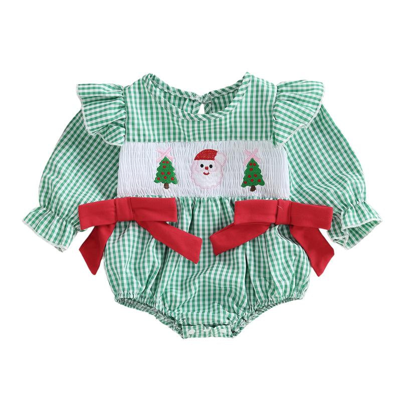 REDWOON Newborn Infant Baby Girl Christmas Outfit Santa Embroidery Long Sleeve Smocked Bubble Romper Ruffle Bodysuit 0-18 Months