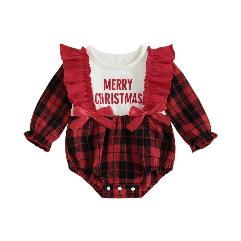 REDWOON Newborn Infant Baby Girl Christmas Outfit Santa Embroidery Long Sleeve Smocked Bubble Romper Ruffle Bodysuit 0-18 Months