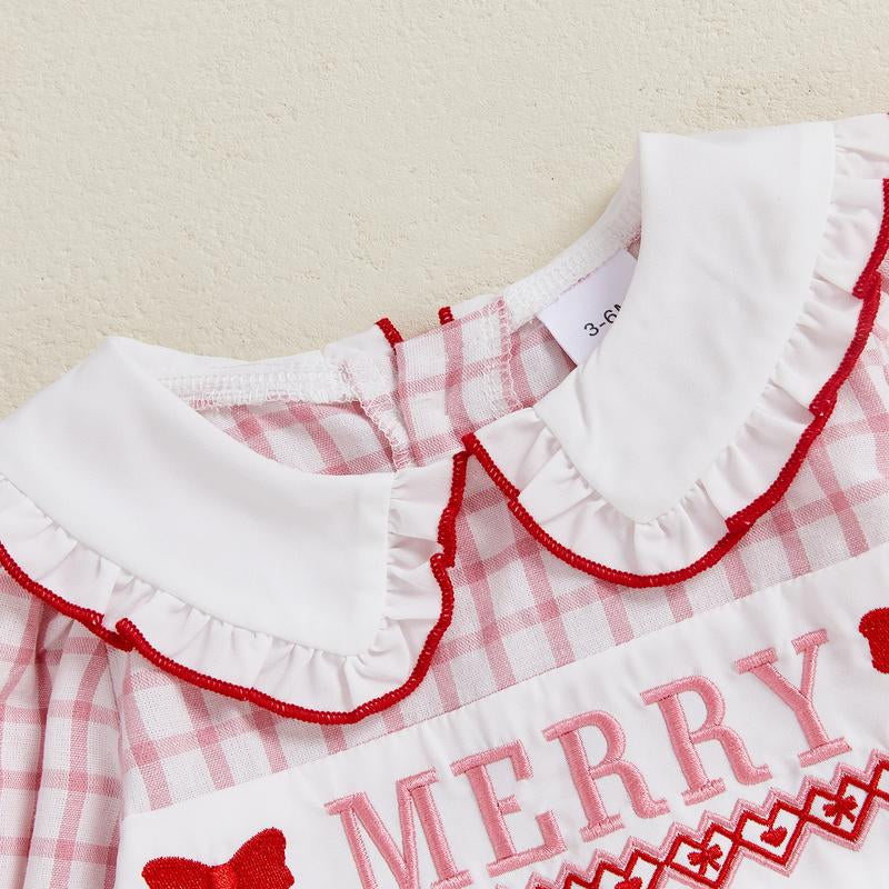 REDWOON Newborn Infant Baby Girl Christmas Outfit Santa Embroidery Long Sleeve Smocked Bubble Romper Ruffle Bodysuit 0-18 Months