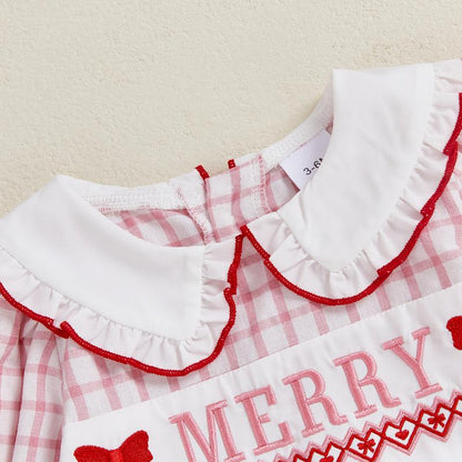 REDWOON Newborn Infant Baby Girl Christmas Outfit Santa Embroidery Long Sleeve Smocked Bubble Romper Ruffle Bodysuit 0-18 Months