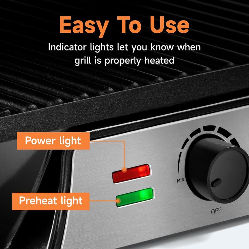 SUSTEAS 3-In-1 Electric Indoor Grill - Panini Press with Non-Stick Cooking Plates, Opens 180-Degree Gourmet Sandwich Maker, Floating Hinge Fits All Foods, Panini Press Grill with Grease Tray