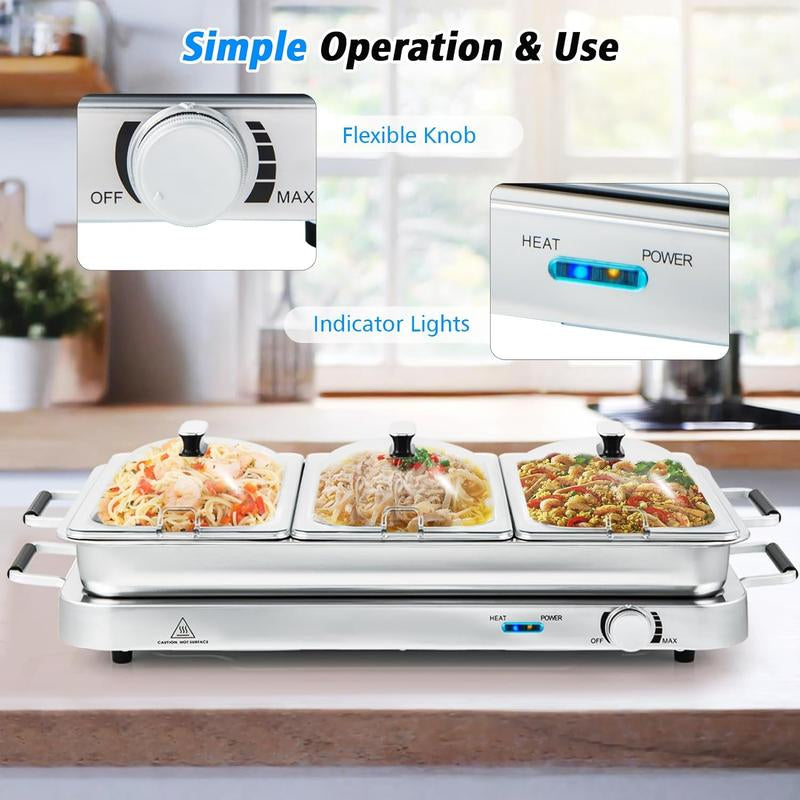 [Costway]-Buffet Servers and Warmers, 2 in 1 Electric Warming Tray, 450W Stainless Steel Chafing Dish with Temperature Control, 3 Serving Trays, 8 Qt Food Warmers Station for Parties Banquets Events-Mother'S Day Gift