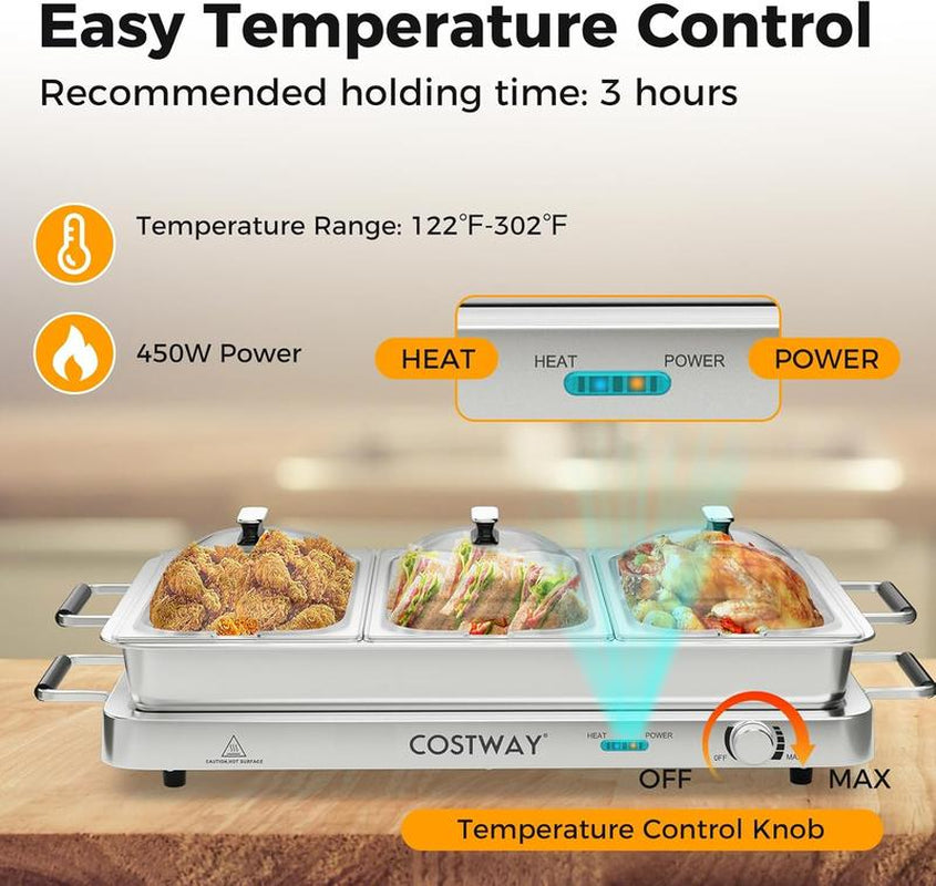 [Costway]-Buffet Servers and Warmers, 2 in 1 Electric Warming Tray, 450W Stainless Steel Chafing Dish with Temperature Control, 3 Serving Trays, 8 Qt Food Warmers Station for Parties Banquets Events-Mother'S Day Gift