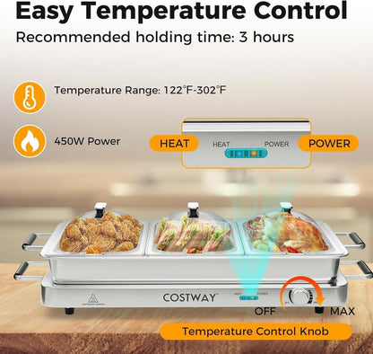 [Costway]-Buffet Servers and Warmers, 2 in 1 Electric Warming Tray, 450W Stainless Steel Chafing Dish with Temperature Control, 3 Serving Trays, 8 Qt Food Warmers Station for Parties Banquets Events-Mother'S Day Gift