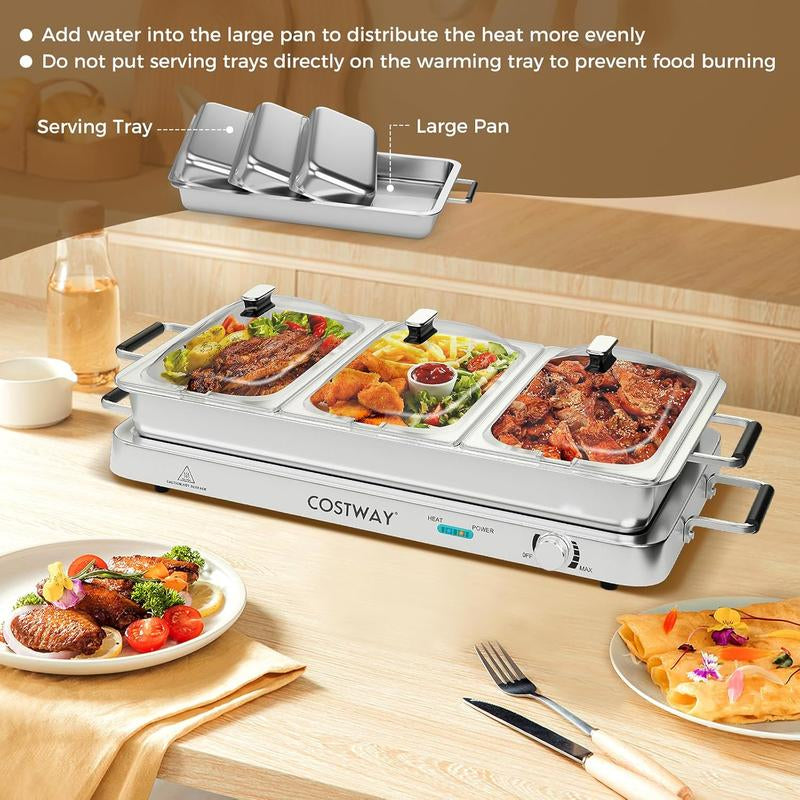 [Costway]-Buffet Servers and Warmers, 2 in 1 Electric Warming Tray, 450W Stainless Steel Chafing Dish with Temperature Control, 3 Serving Trays, 8 Qt Food Warmers Station for Parties Banquets Events-Mother'S Day Gift