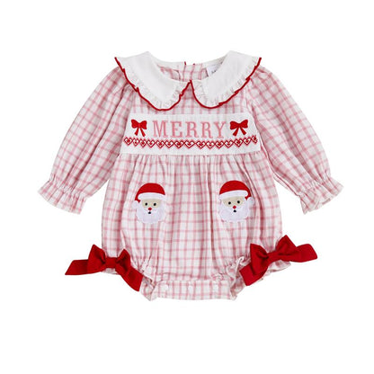 REDWOON Newborn Infant Baby Girl Christmas Outfit Santa Embroidery Long Sleeve Smocked Bubble Romper Ruffle Bodysuit 0-18 Months