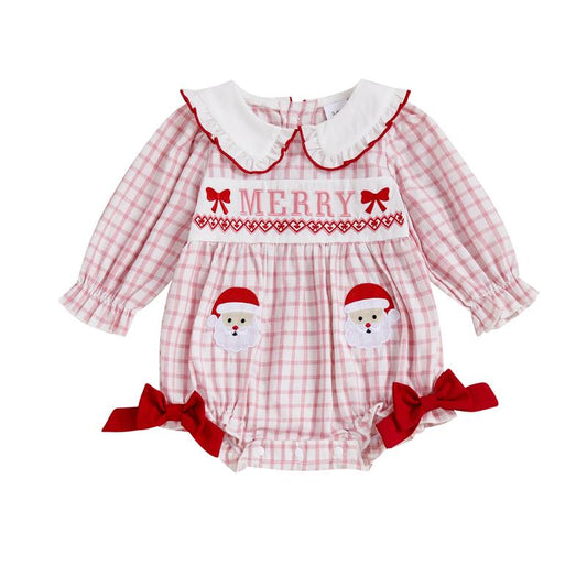 REDWOON Newborn Infant Baby Girl Christmas Outfit Santa Embroidery Long Sleeve Smocked Bubble Romper Ruffle Bodysuit 0-18 Months