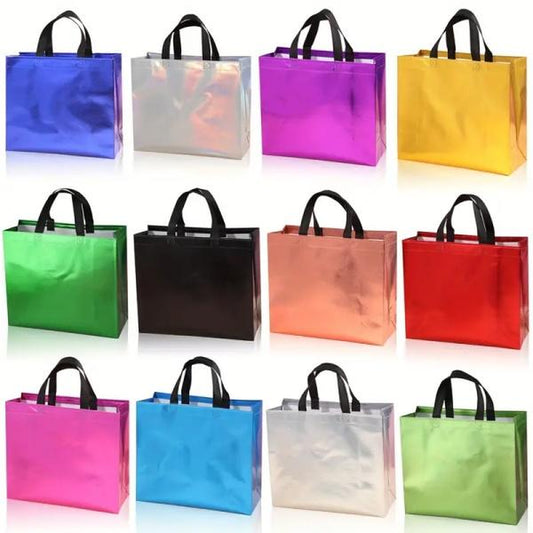 24 Mixed Color Large Gift Bags 12.99X11.02X5.12 Inches Reusable Holographic Non-Woven Laser Bags for Birthday Party Care Christmas Wedding Supermarket Shopping Rainbow with Heavy-Duty Storage Tote Teacher Present Foldable Shopping Tote Water-Resistant