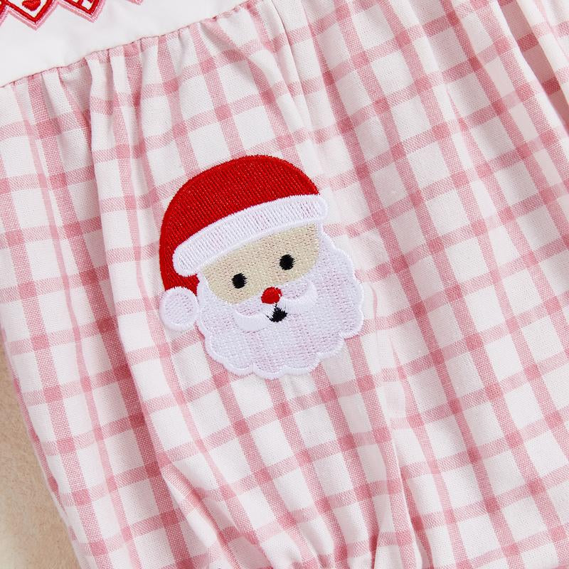REDWOON Newborn Infant Baby Girl Christmas Outfit Santa Embroidery Long Sleeve Smocked Bubble Romper Ruffle Bodysuit 0-18 Months