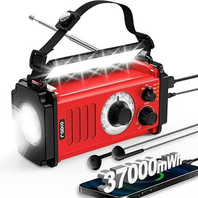 37000Mwh Hand Crank Solar Radio for Emergencies: AM/FM/NOAA, Rechargeable Battery, USB Charger, SOS Alarm, Flashlight & Reading Lamp for Survival Outdoor