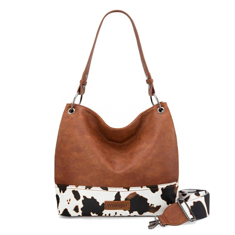 Wrangler Cow Print Hobo Bag Vegan Leather for Woman with Wide Guitar Strap