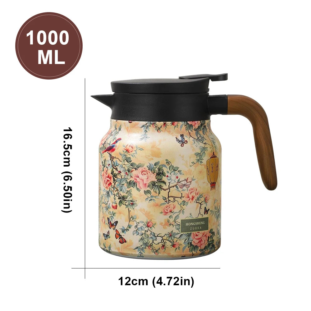 Vintage Floral Pattern Tea Thermos Built-In Infuser 800/1000Ml Floral Tea Kettle Stewed Teapot Tea Separation Water Bottle
