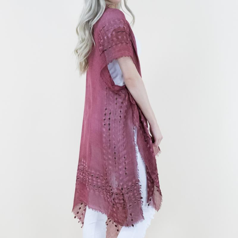 One Size Natural Mineral Washed Semi-Sheer Kimono Cover-Up Chenille Detail, Boho Fashion Half Sleeve Open Front Outerwear for Summer, Women'S Clothes for Daily Wear