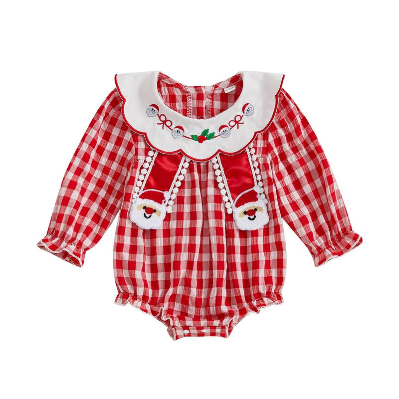 REDWOON Newborn Infant Baby Girl Christmas Outfit Santa Embroidery Long Sleeve Smocked Bubble Romper Ruffle Bodysuit 0-18 Months