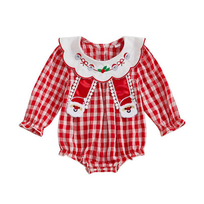REDWOON Newborn Infant Baby Girl Christmas Outfit Santa Embroidery Long Sleeve Smocked Bubble Romper Ruffle Bodysuit 0-18 Months