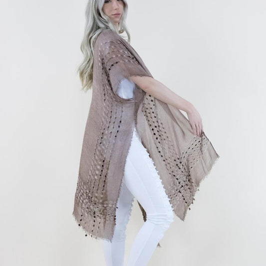 One Size Natural Mineral Washed Semi-Sheer Kimono Cover-Up Chenille Detail, Boho Fashion Half Sleeve Open Front Outerwear for Summer, Women'S Clothes for Daily Wear