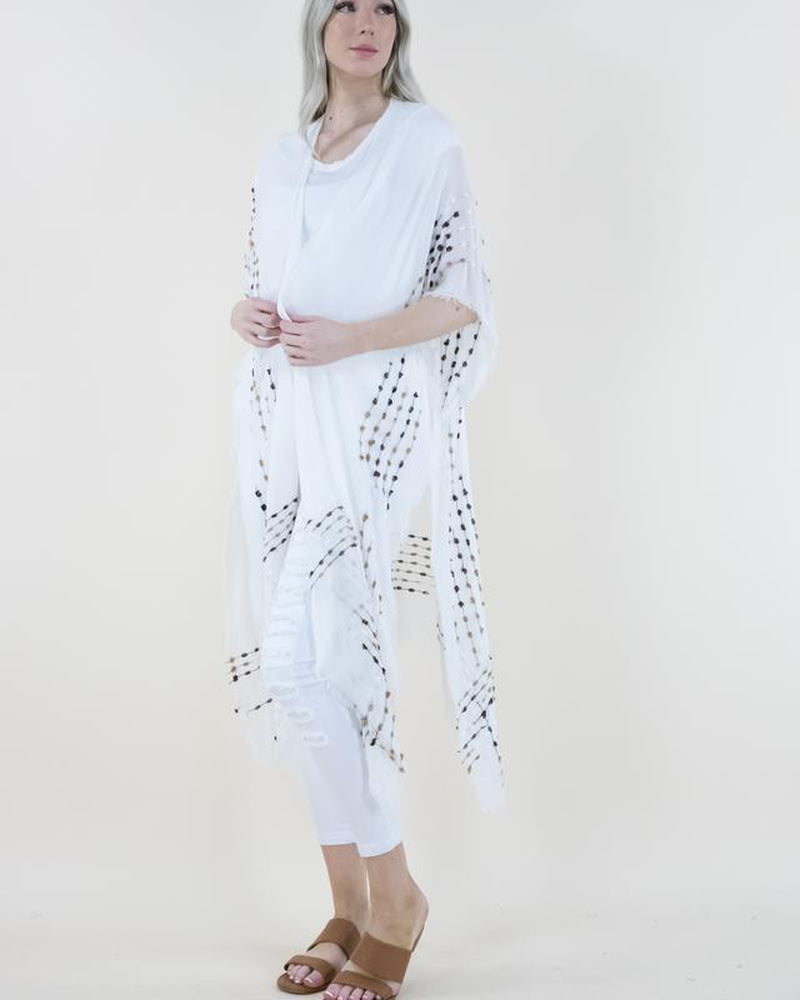 One Size Natural Mineral Washed Semi-Sheer Kimono Cover-Up Chenille Detail, Boho Fashion Half Sleeve Open Front Outerwear for Summer, Women'S Clothes for Daily Wear