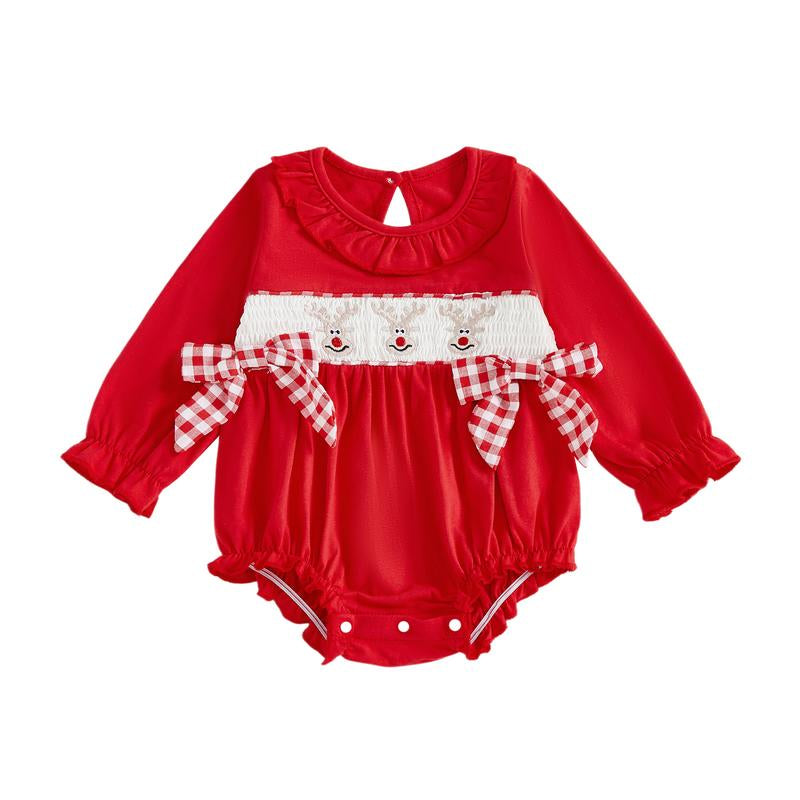 REDWOON Newborn Infant Baby Girl Christmas Outfit Santa Embroidery Long Sleeve Smocked Bubble Romper Ruffle Bodysuit 0-18 Months