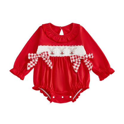 REDWOON Newborn Infant Baby Girl Christmas Outfit Santa Embroidery Long Sleeve Smocked Bubble Romper Ruffle Bodysuit 0-18 Months