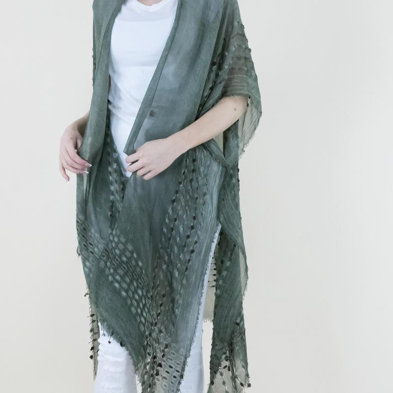 One Size Natural Mineral Washed Semi-Sheer Kimono Cover-Up Chenille Detail, Boho Fashion Half Sleeve Open Front Outerwear for Summer, Women'S Clothes for Daily Wear