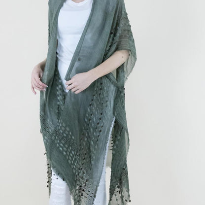 One Size Natural Mineral Washed Semi-Sheer Kimono Cover-Up Chenille Detail, Boho Fashion Half Sleeve Open Front Outerwear for Summer, Women'S Clothes for Daily Wear