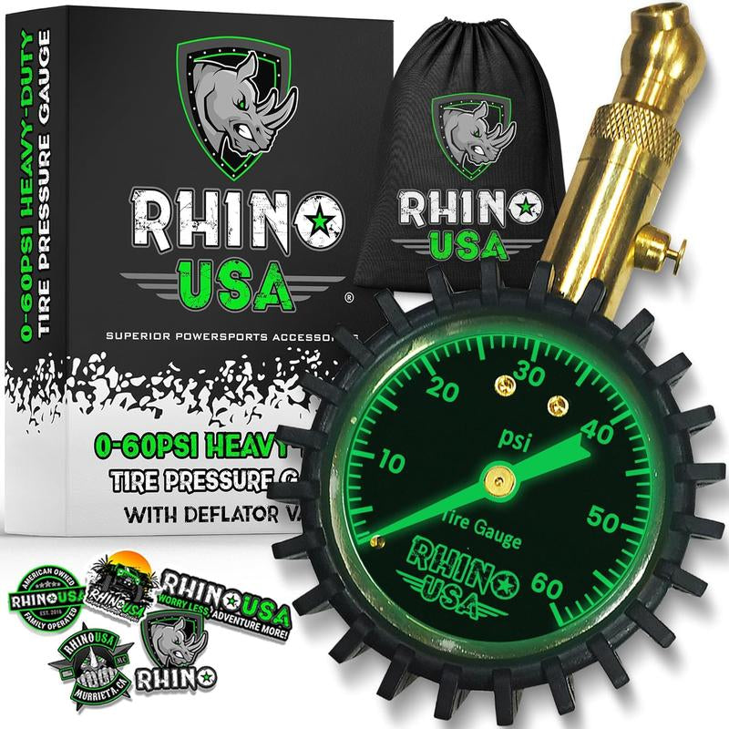 Rhino USA Heavy Duty Tire Pressure Gauge (0-60 PSI) Certified ANSI B40.1 Accurate, Large 2" Easy Read Glow Dial, 360 Swivel Head, Solid Brass Hardware