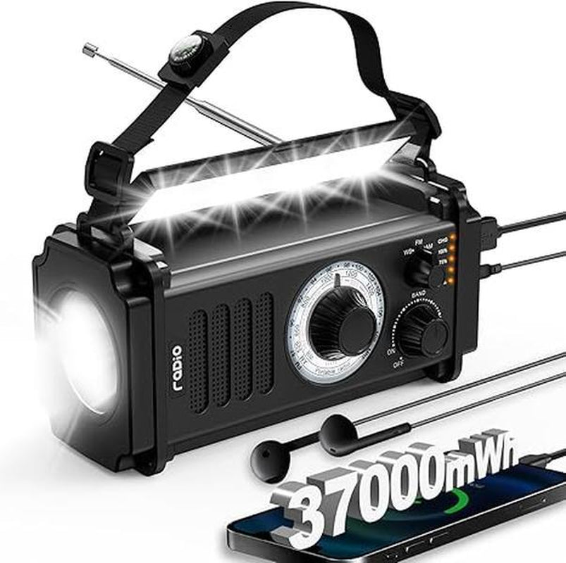 37000Mwh Hand Crank Solar Radio for Emergencies: AM/FM/NOAA, Rechargeable Battery, USB Charger, SOS Alarm, Flashlight & Reading Lamp for Survival Outdoor