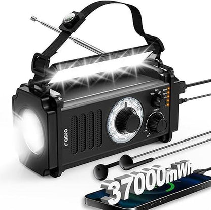 37000Mwh Hand Crank Solar Radio for Emergencies: AM/FM/NOAA, Rechargeable Battery, USB Charger, SOS Alarm, Flashlight & Reading Lamp for Survival Outdoor