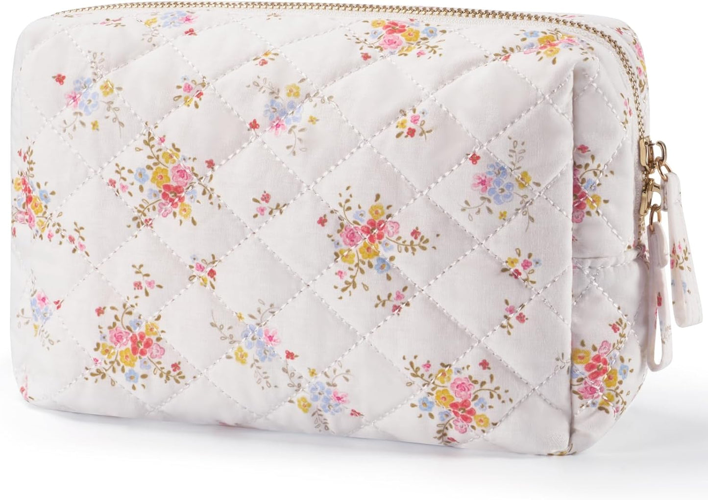 Medium Floral Cotton Quilted Makeup Bag - Aesthetic Travel Cosmetic Pouch for Women
