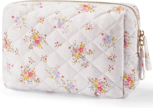 Medium Floral Cotton Quilted Makeup Bag - Aesthetic Travel Cosmetic Pouch for Women