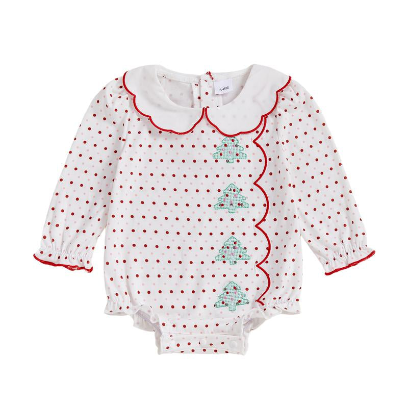 REDWOON Newborn Infant Baby Girl Christmas Outfit Santa Embroidery Long Sleeve Smocked Bubble Romper Ruffle Bodysuit 0-18 Months