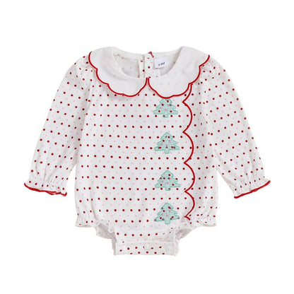 REDWOON Newborn Infant Baby Girl Christmas Outfit Santa Embroidery Long Sleeve Smocked Bubble Romper Ruffle Bodysuit 0-18 Months