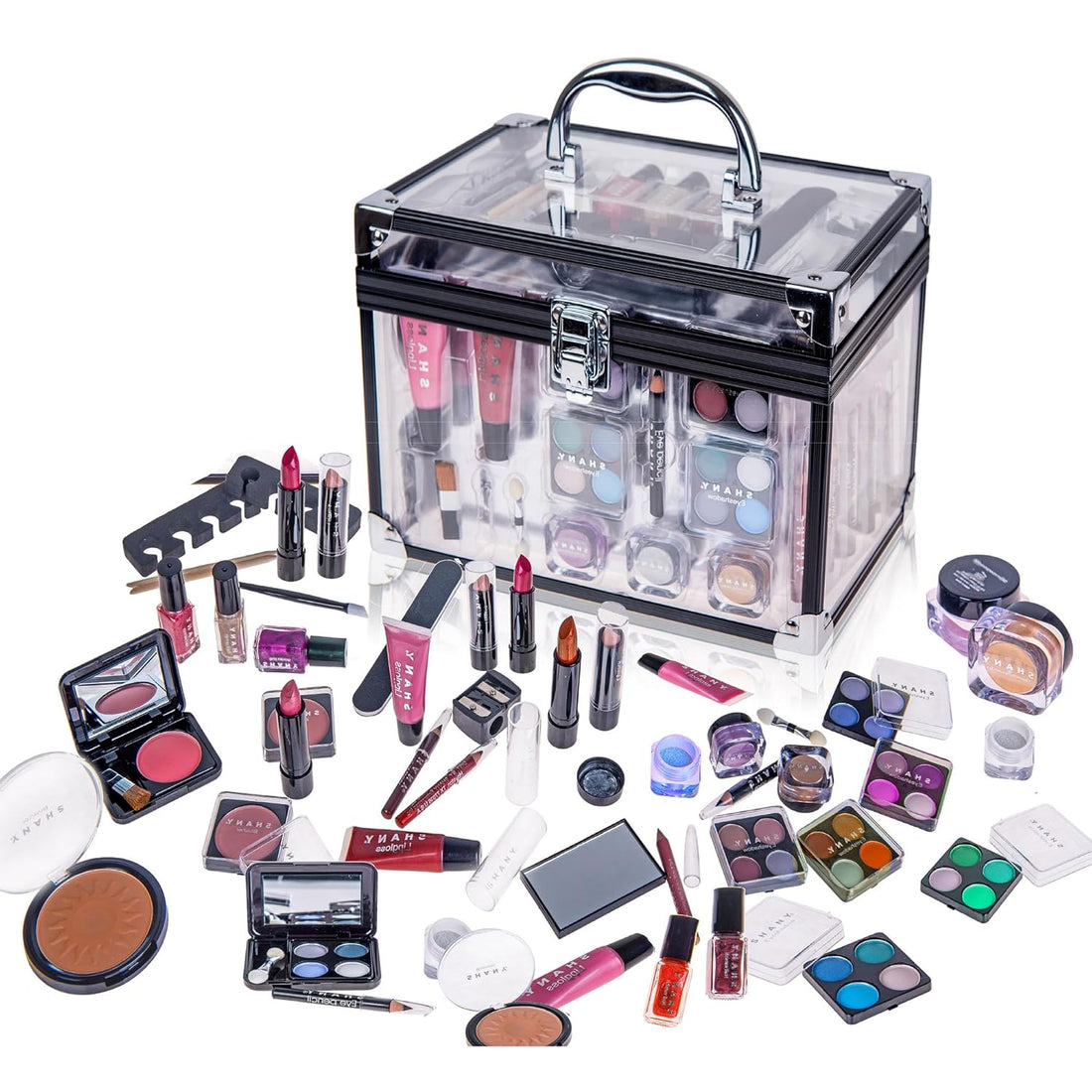 Carry All Trunk Makeup Train Case with Re-Usable Aluminum Makeup Storage Case. Makeup Set with Eye Palettes, Blushes,Makeup Powders, Manicure, Pedicure and Makeup Brushes.