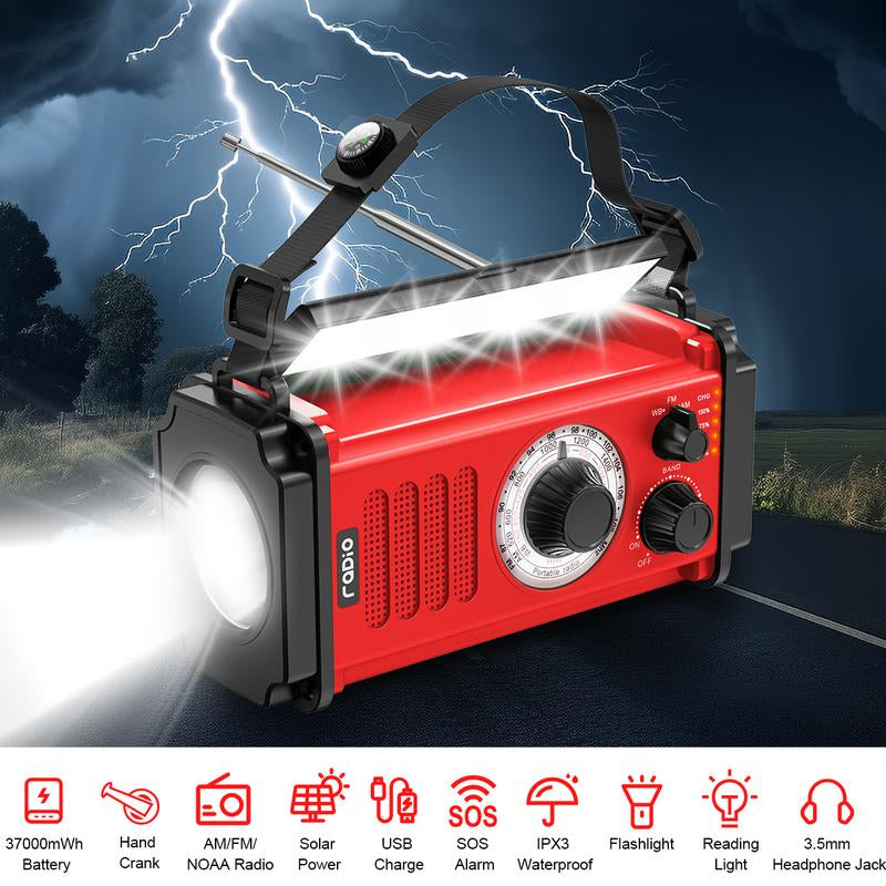 37000Mwh Hand Crank Solar Radio for Emergencies: AM/FM/NOAA, Rechargeable Battery, USB Charger, SOS Alarm, Flashlight & Reading Lamp for Survival Outdoor