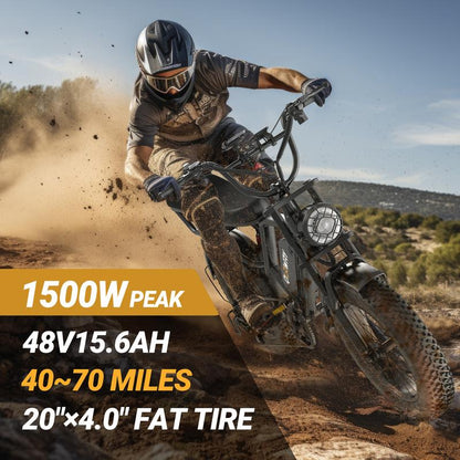 Qlaway 、Aovowheel 1500W Electric Off-Road Bike: 20-Inch Full-Suspension E-Motorcycle with 48V 15.6Ah Removable Battery, 31MPH Top Speed, 40-55 Mile Range, 2-Seater, LED Headlights & 20" All Terrain Fat Tire UL 2849