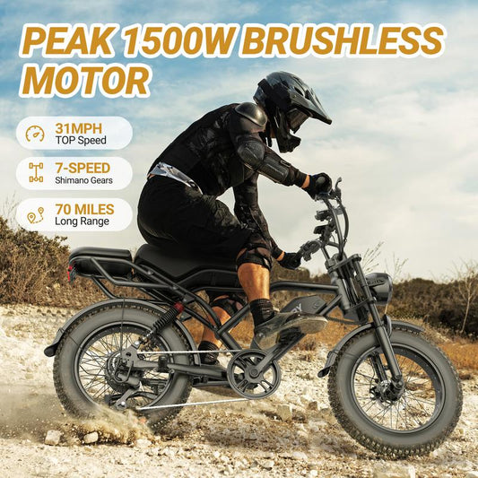 Qlaway 、Aovowheel 1500W Electric Off-Road Bike: 20-Inch Full-Suspension E-Motorcycle with 48V 15.6Ah Removable Battery, 31MPH Top Speed, 40-55 Mile Range, 2-Seater, LED Headlights & 20" All Terrain Fat Tire UL 2849