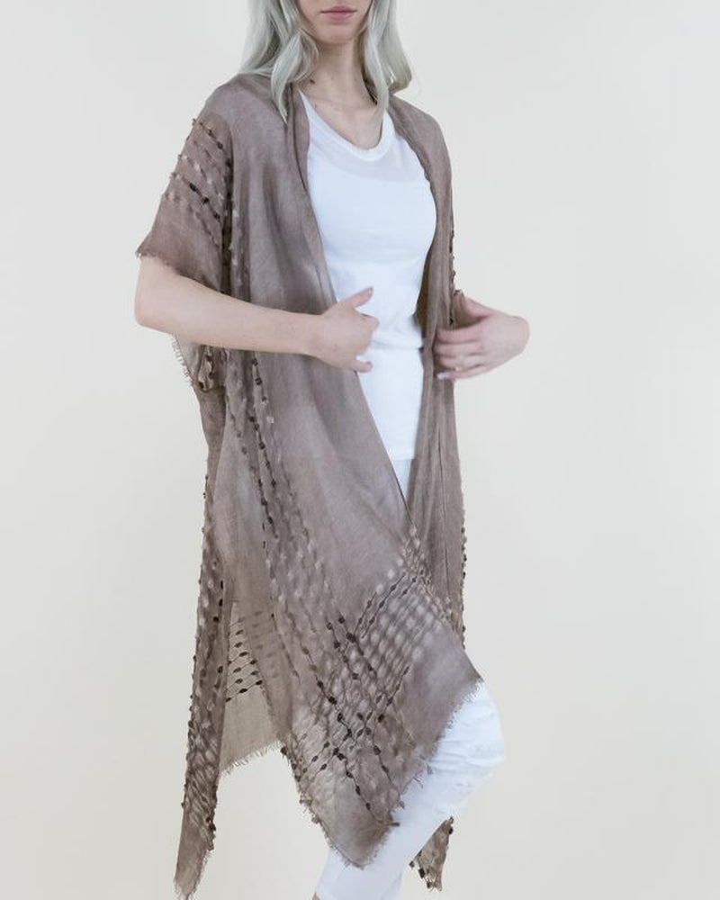 One Size Natural Mineral Washed Semi-Sheer Kimono Cover-Up Chenille Detail, Boho Fashion Half Sleeve Open Front Outerwear for Summer, Women'S Clothes for Daily Wear